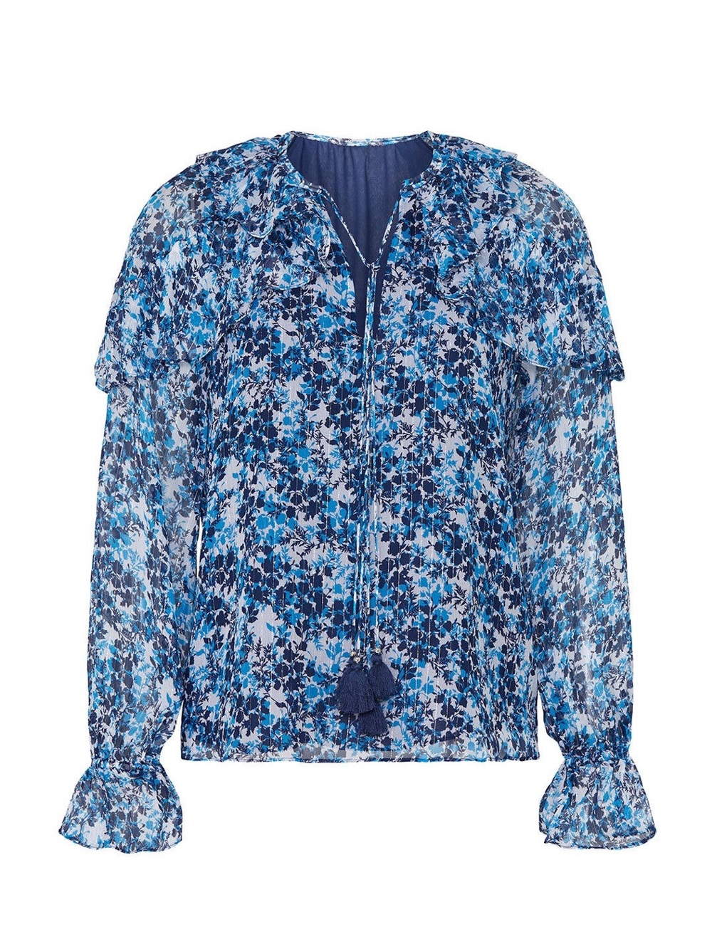 Ramy Brook Navy and Teal Floral-Trim Blouse